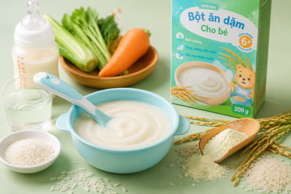 Hình ảnh bột ăn dặm cho bé với thành phần dinh dưỡng từ ngũ cốc và rau củ, phù hợp cho trẻ từ 6 tháng tuổi, hỗ trợ phát triển thể chất và trí não trong giai đoạn ăn dặm.